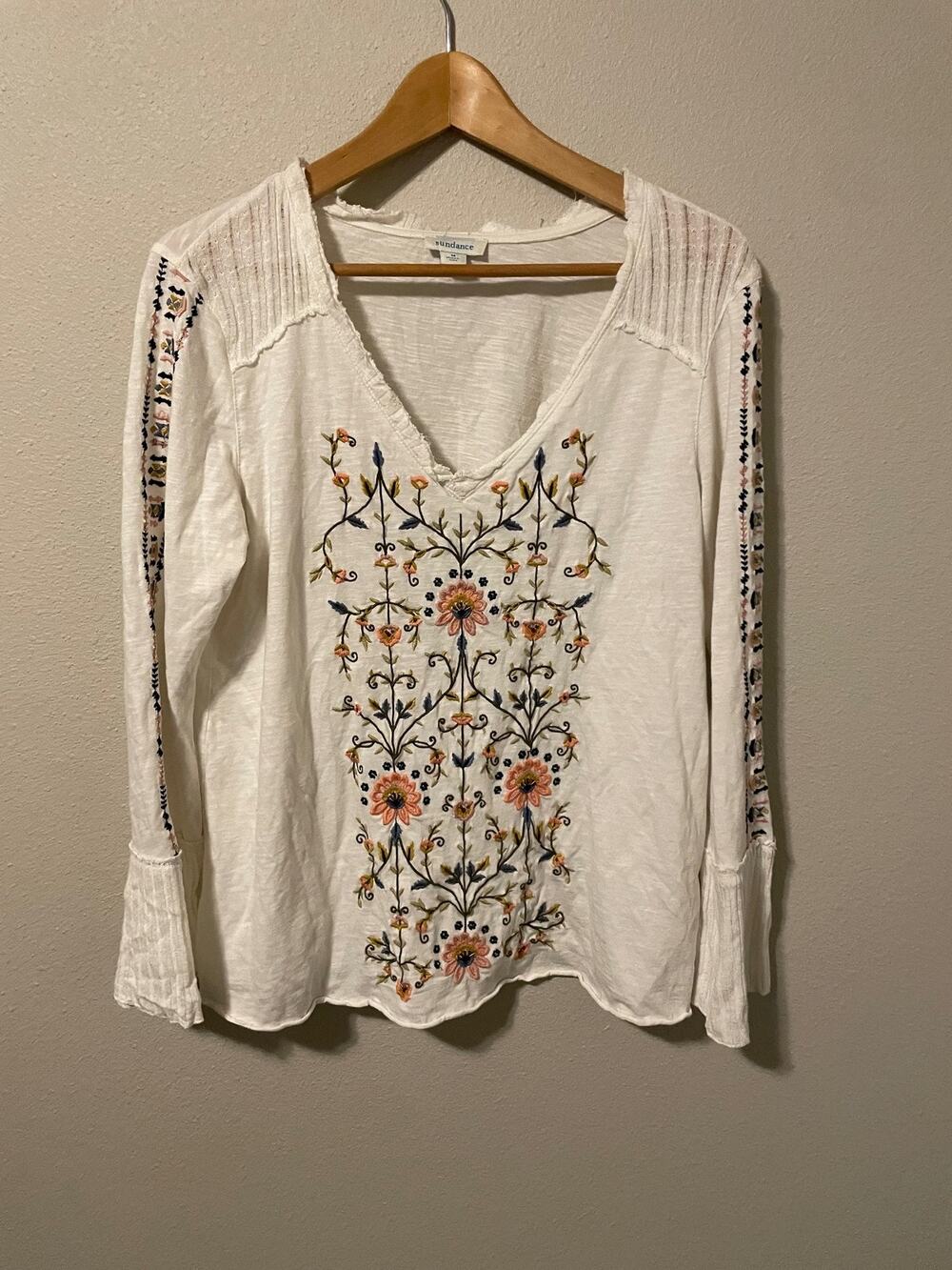 Sundance Top Womens Medium White Embroidered Floral Bell Sleeve Boho Peasant